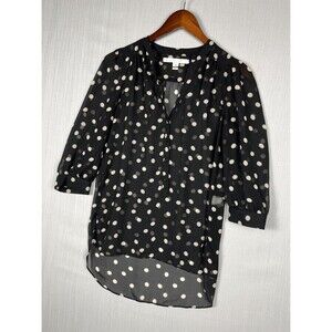 Lauren Conrad Polka Dot Blouse Women XS Black White Sheer Hi-Lo Officewear Chic